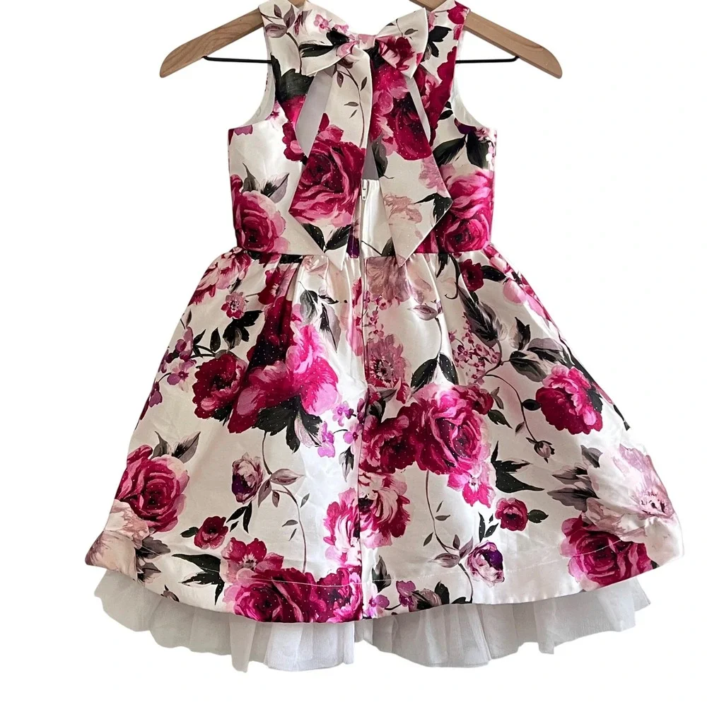 Rare Editions Girls Size 7 Floral Party Dress White Rose Print Tulle Wedding EUC